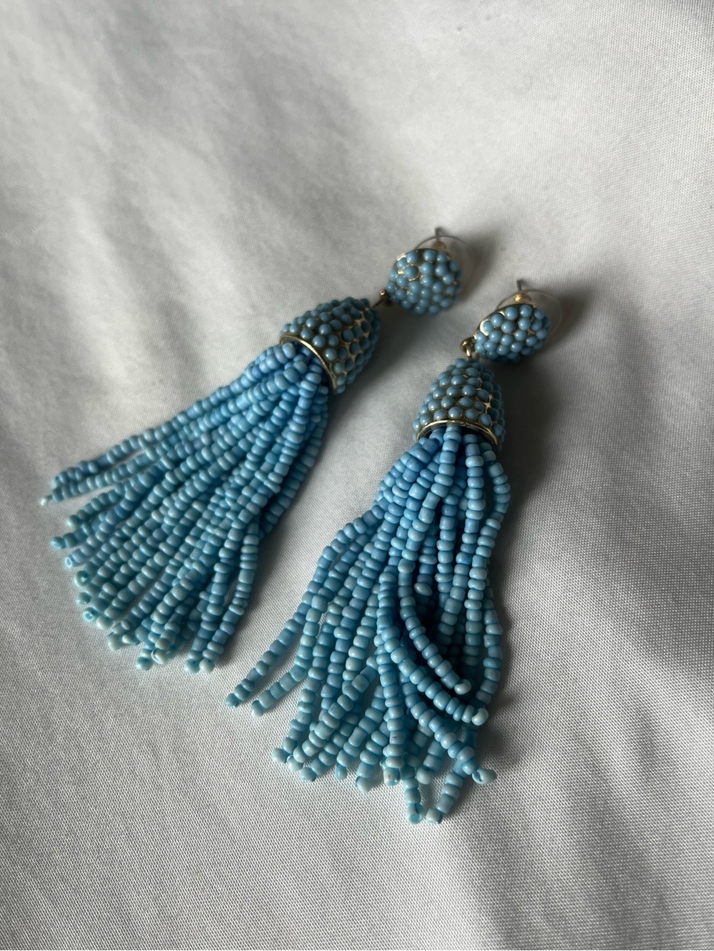 Light Blue Beaded Dangle Tassel Earrings